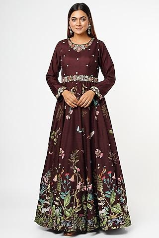 wine embroidered gown with belt