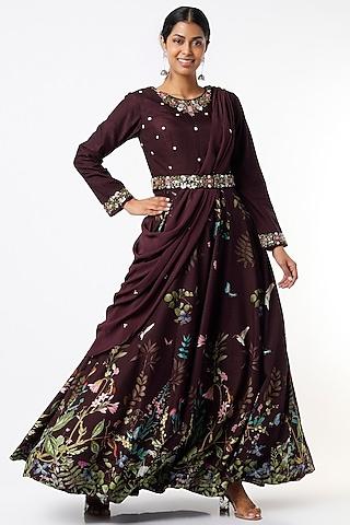wine embroidered gown with draped dupatta
