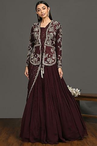 wine embroidered gown with jacket