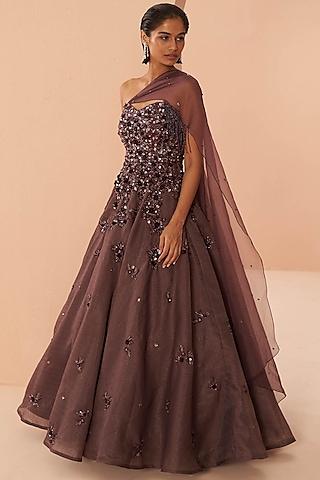 wine embroidered gown