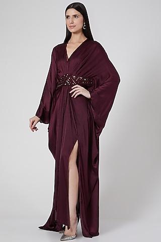 wine embroidered kaftan gown