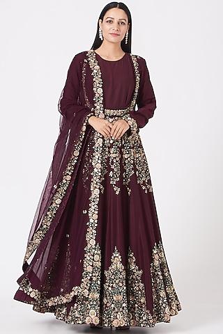 wine embroidered kalidar kurta set