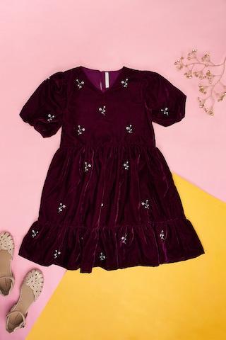 wine embroidered knee length  party girls regular fit  dress