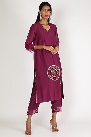 wine embroidered kurta set