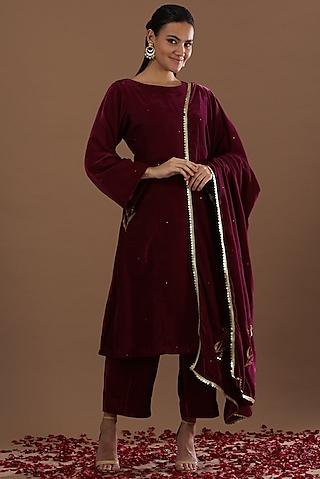 wine embroidered kurta set