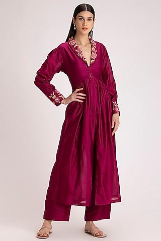 wine embroidered kurta set