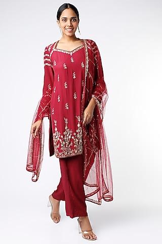 wine embroidered kurta set