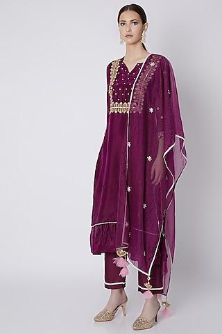 wine embroidered kurta set