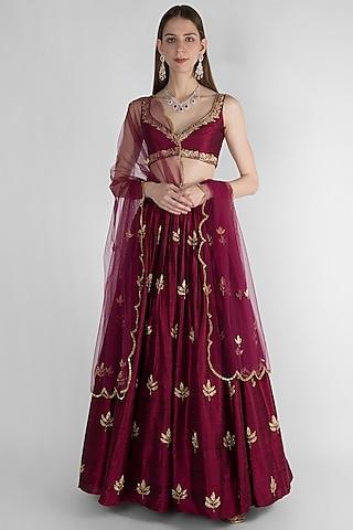 wine embroidered lehenga set