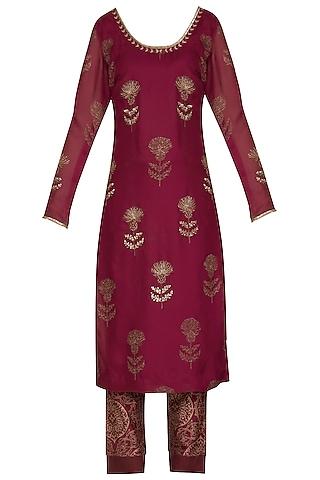 wine embroidered printed tunic set