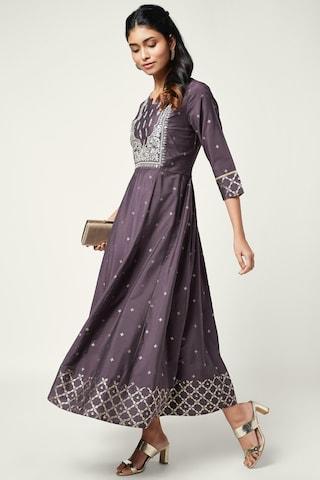 wine embroidered round neck ethnic maxi 3/4th sleeves women regular fit dress