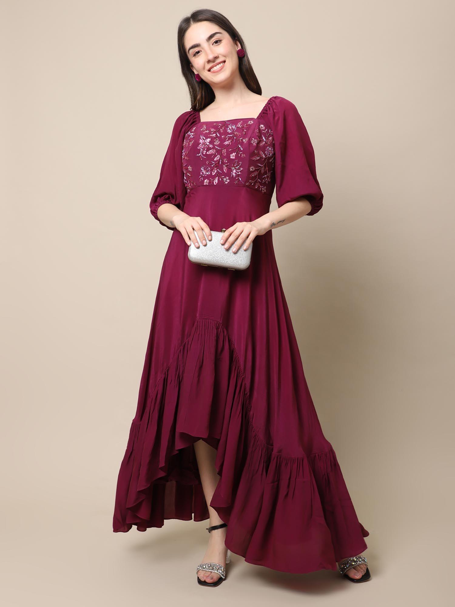 wine embroidered ruffle dress