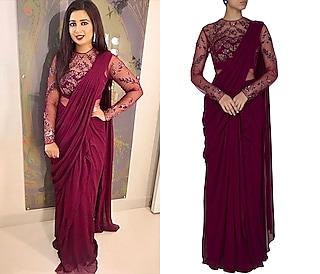 wine embroidered saree gown