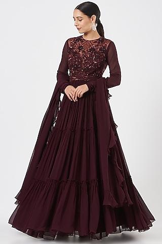 wine embroidered tiered anarkali set