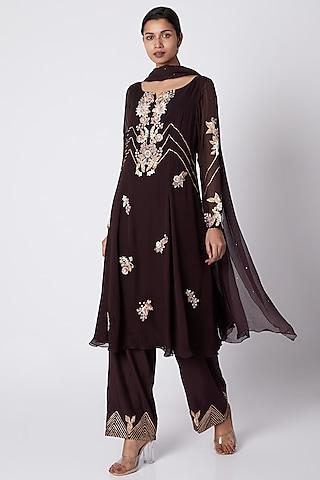 wine embroidered tunic set