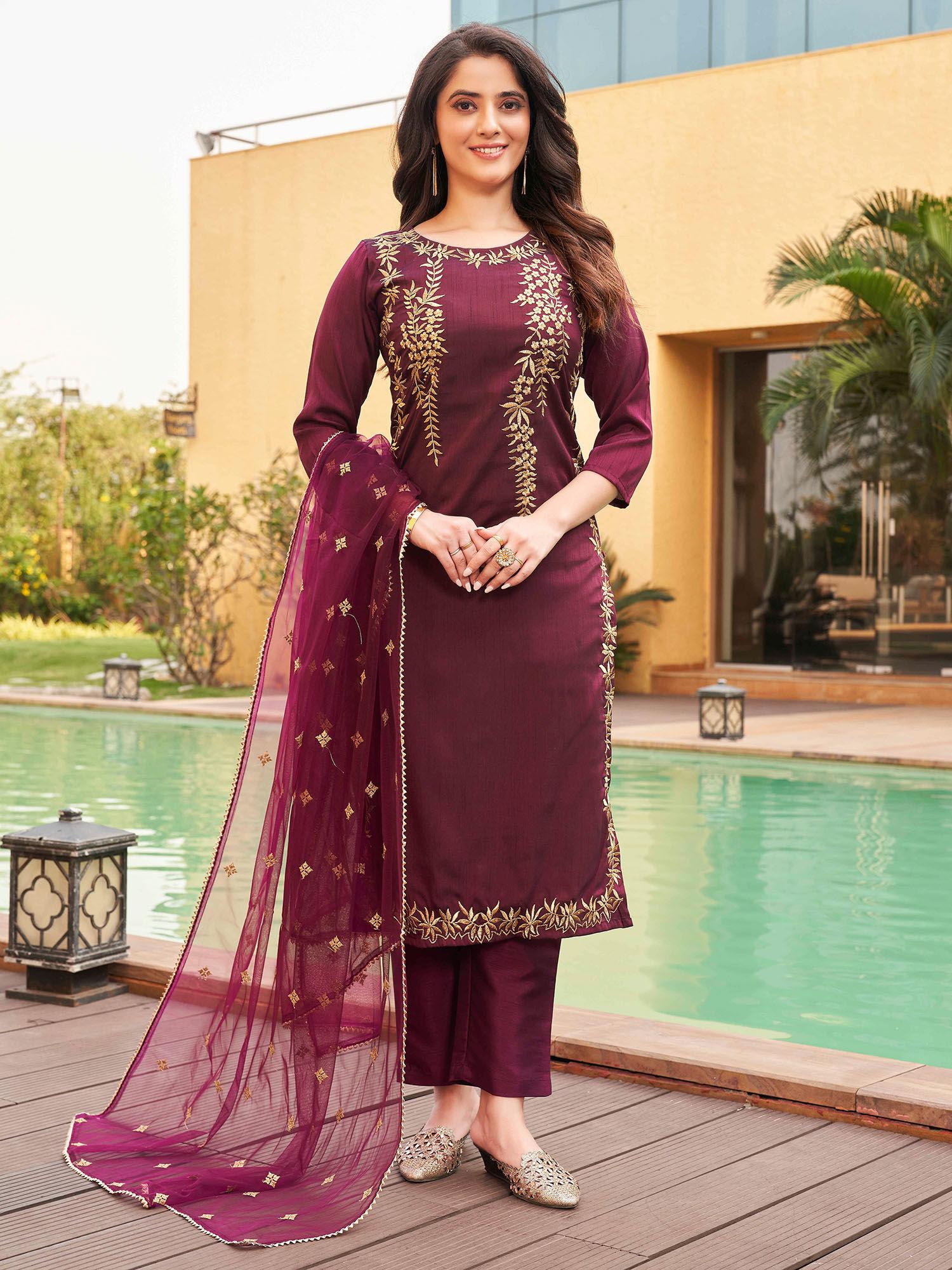 wine embroidery kurta with pant and net dupatta (set of 3)