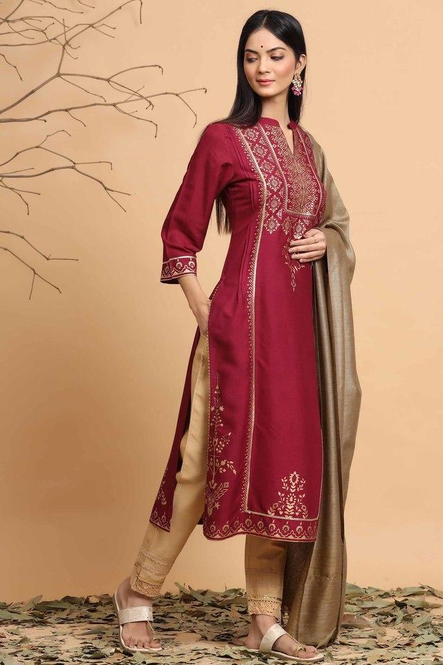 wine ethnic motif printed rayon straight kurta _ dupatta set with buttons