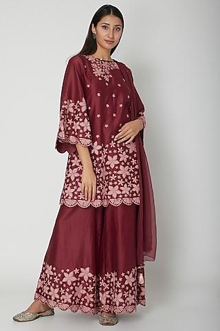 wine floral embroidered kurta set