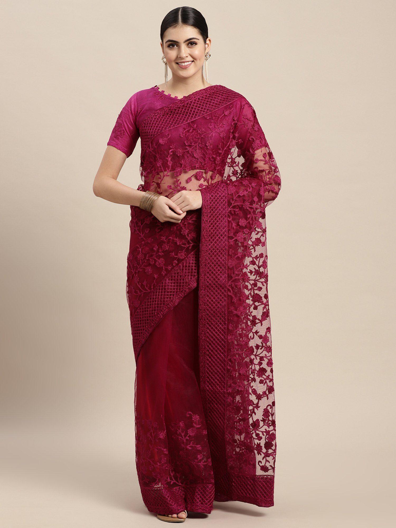 wine floral embroidered net saree with unstitched blouse