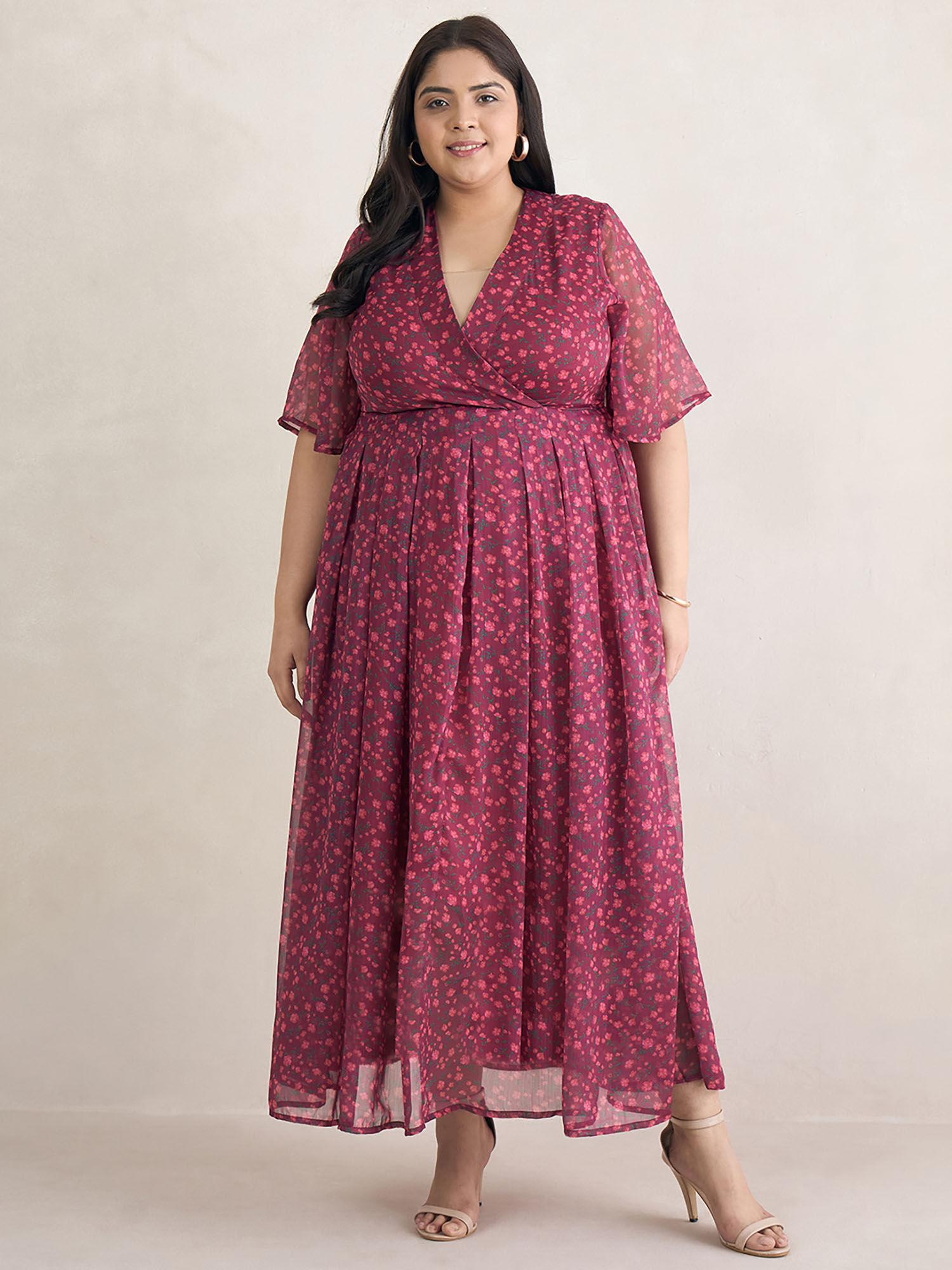 wine floral print wrap maxi dress