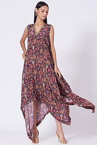 wine floral printed asymmetrical tunic dress