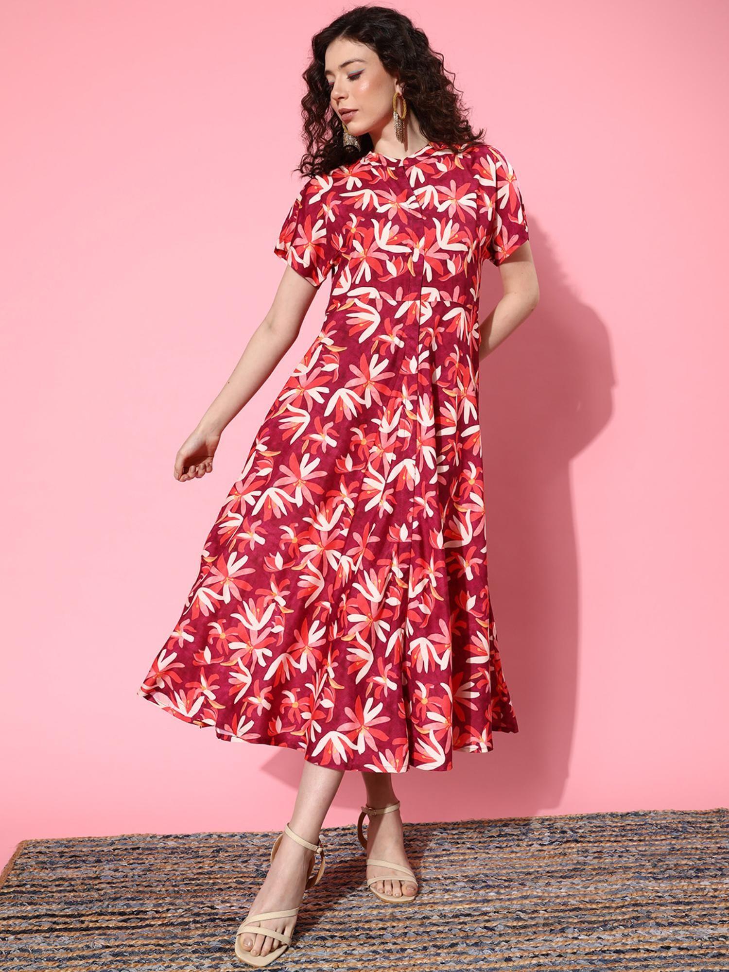 wine floral printed kimono sleeves a-line midi dress