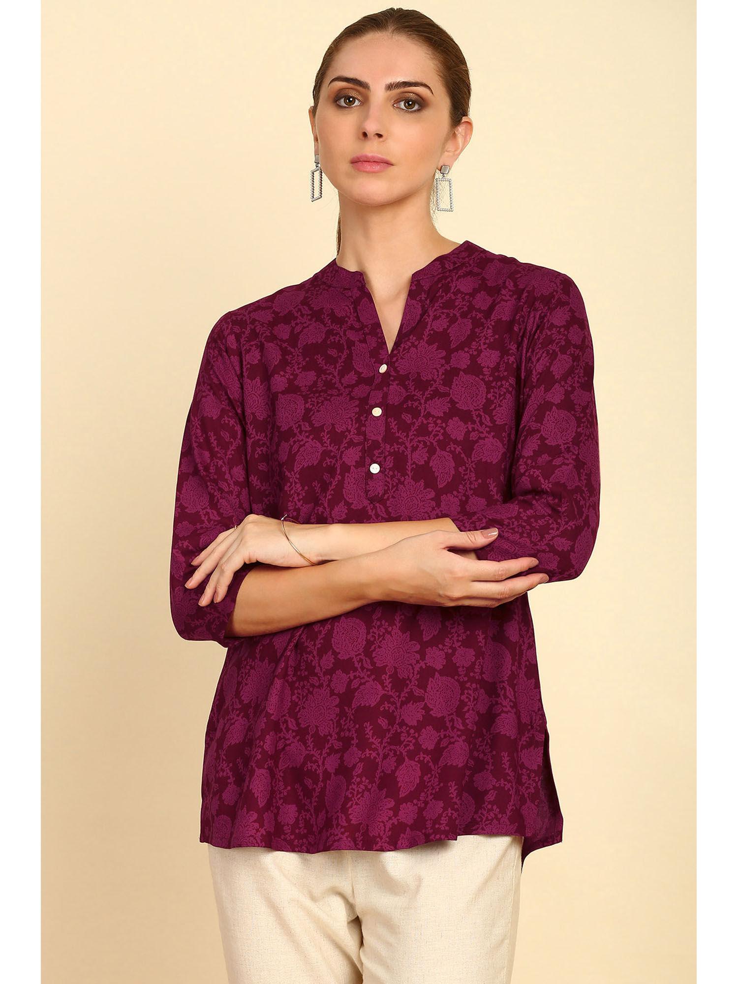 wine floral printed mandarin collar rayon tunic