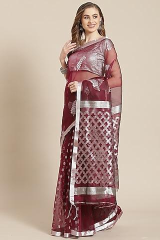wine floral saree with blouse piece