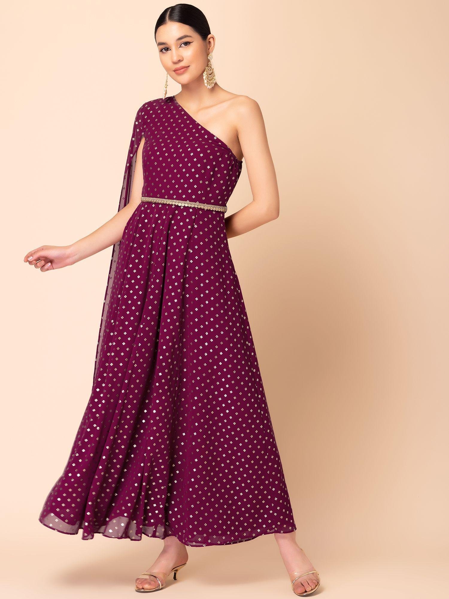 wine foil print one shoulder dress with belt (set of 2)