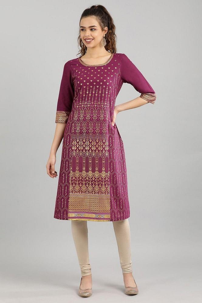 wine geometric print straight kurta in round neck