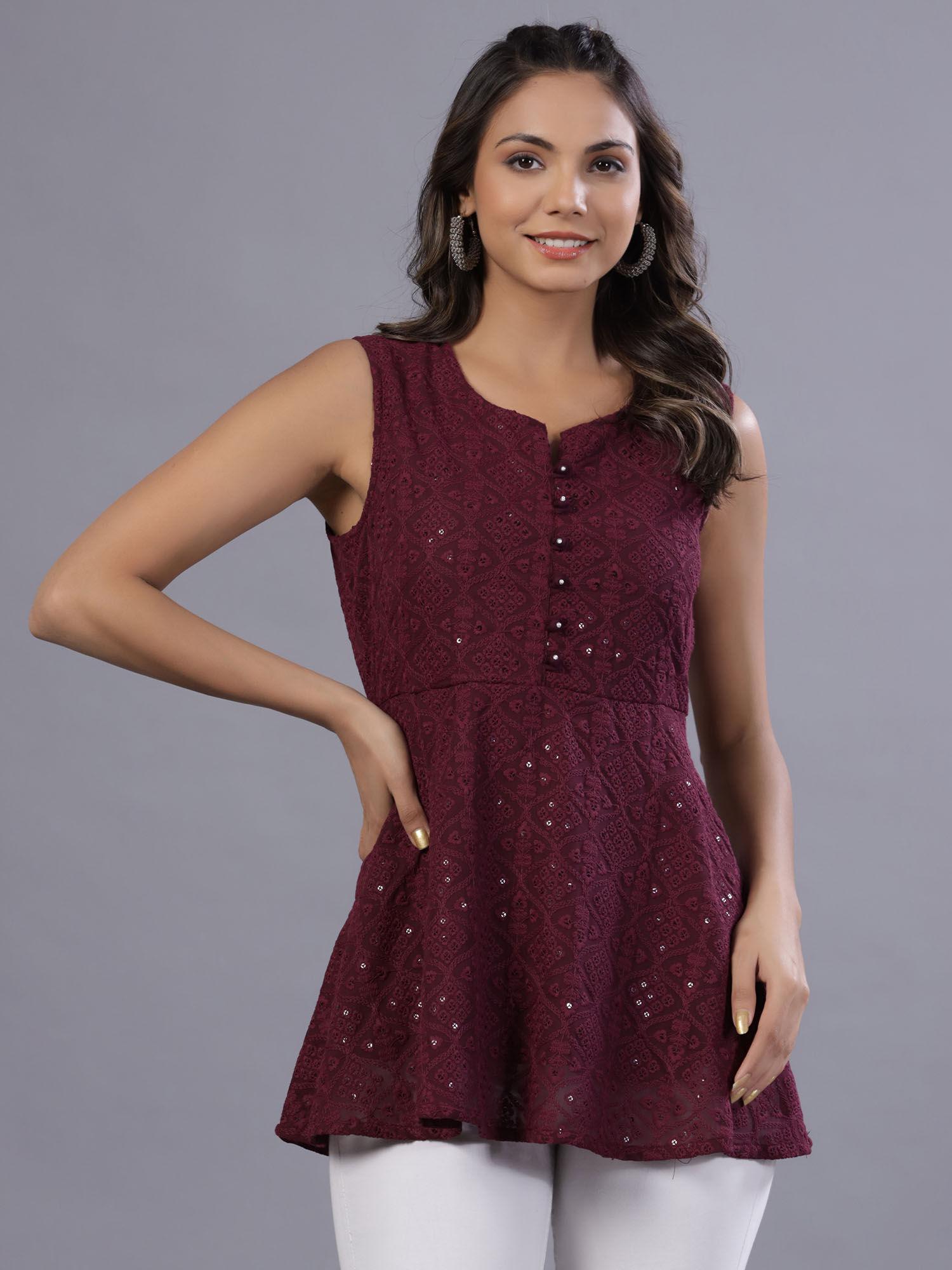 wine geometric printed georgette embroidered peplum tunic with thread work