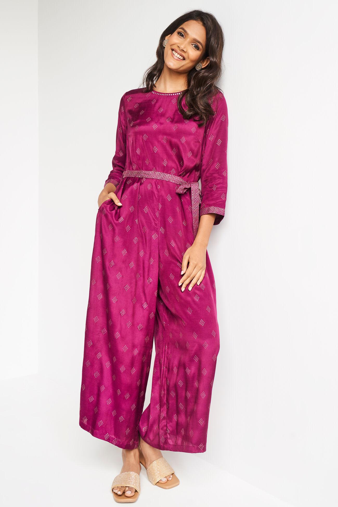 wine geometric straight concealed zip jump suit