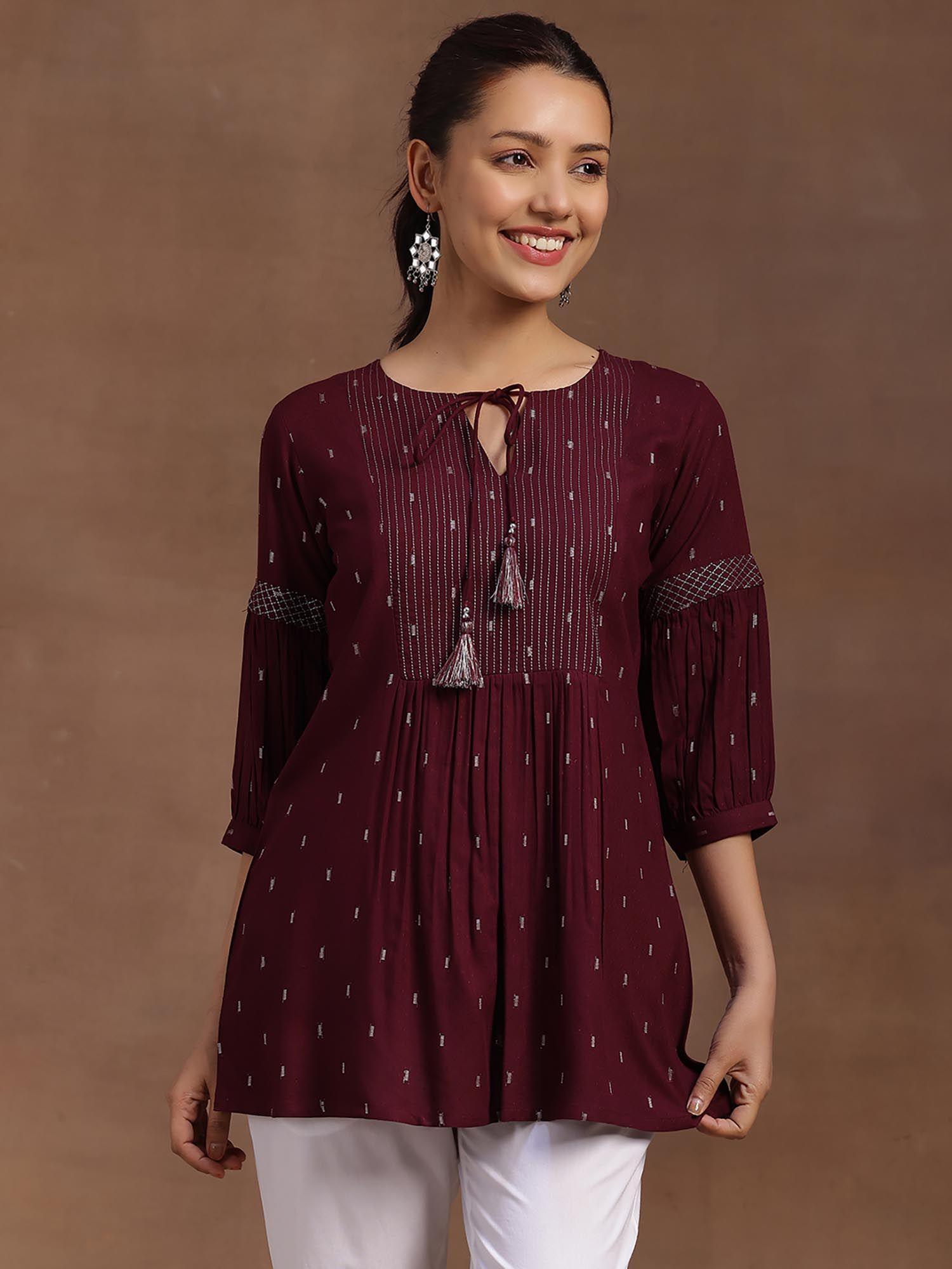 wine geometric woven design pleated a-line kurti