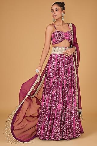 wine georgette & organza embroidered pleated lehenga set