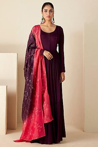 wine georgette crepe anarkali set