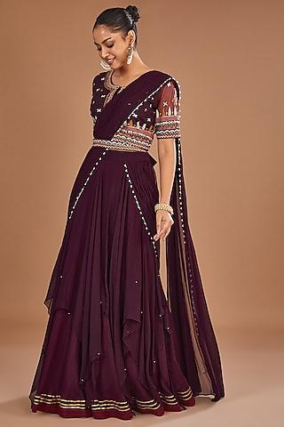 wine georgette draped lehenga saree set