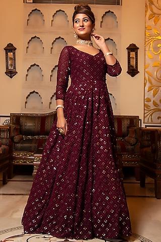 wine georgette embroidered anarkali set