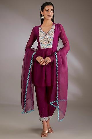 wine georgette machine embroidered kurta set