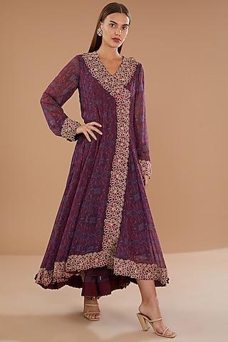 wine georgette printed & lace embroidered flared anarkali dress