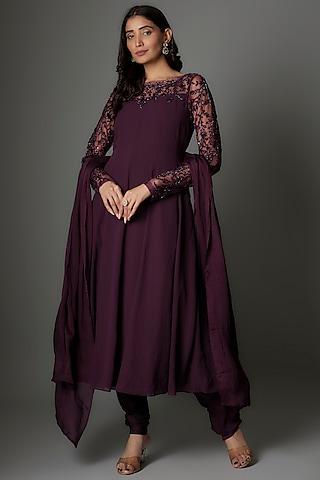 wine georgette sequins embellished anarkali set