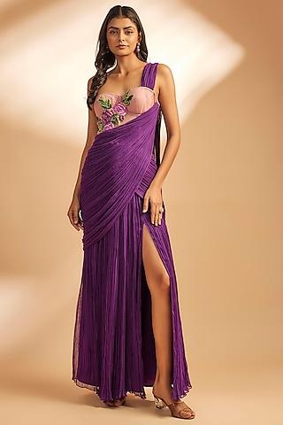 wine georgette thread embroidered gown