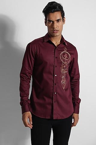 wine giza cotton thread embroidered shirt