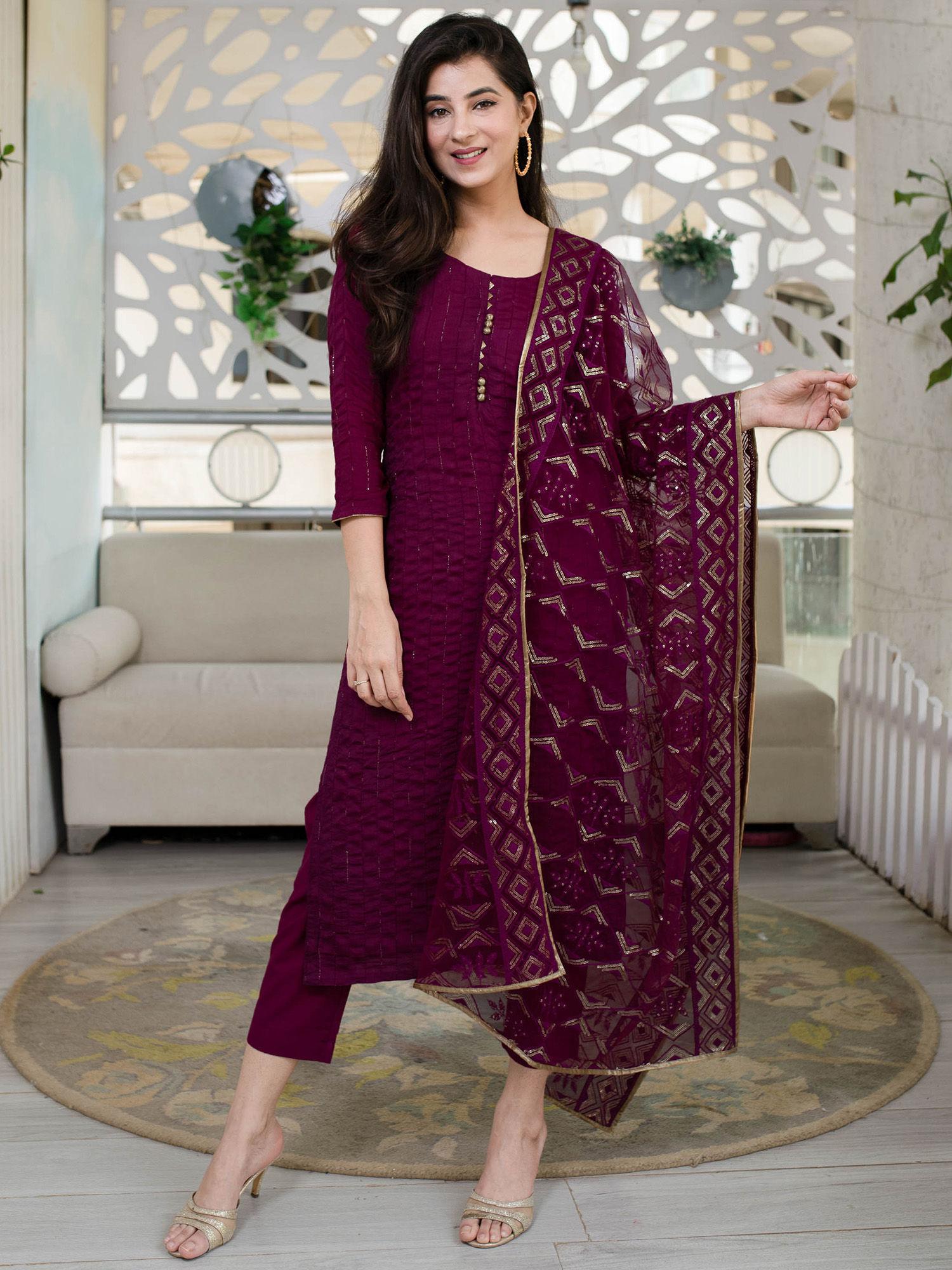 wine glitter kurta (set of 3)