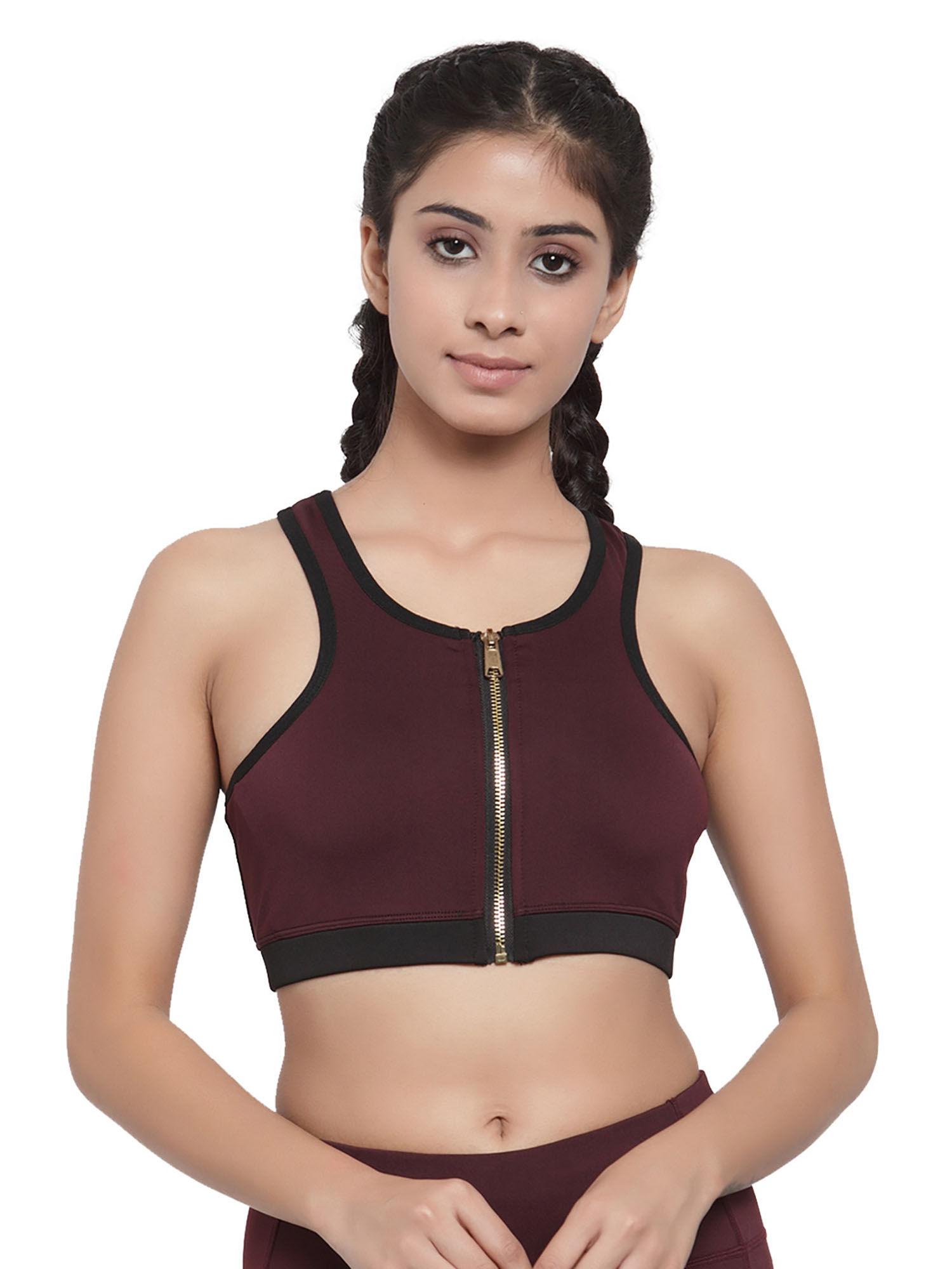 wine green womens front zip sports bra