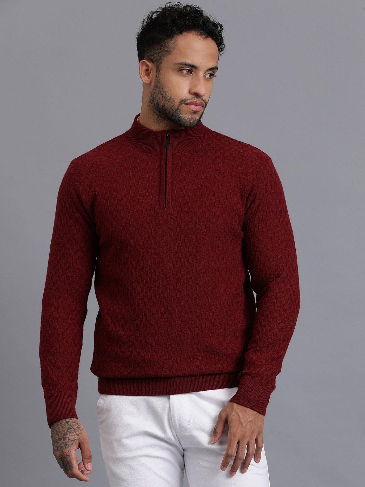 wine half zipper luxury cable knitted mens wool pullover sweater