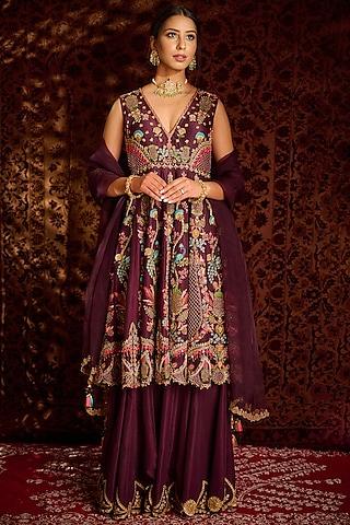 wine hand embroidered anarkali set