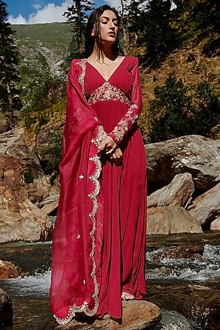 wine hand embroidered anarkali set