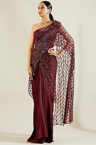 wine hand embroidered draped saree set