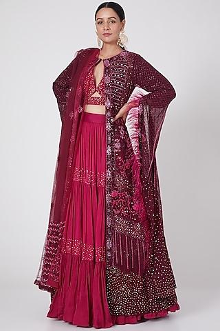 wine hand embroidered layered lehenga set