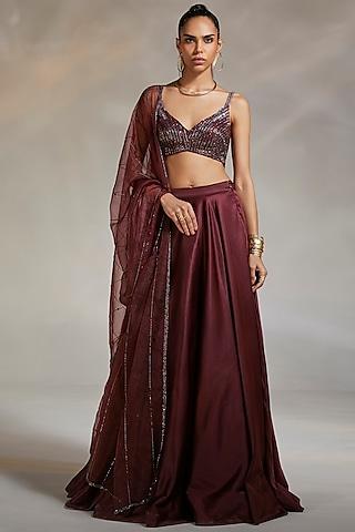 wine hand embroidered lehenga set